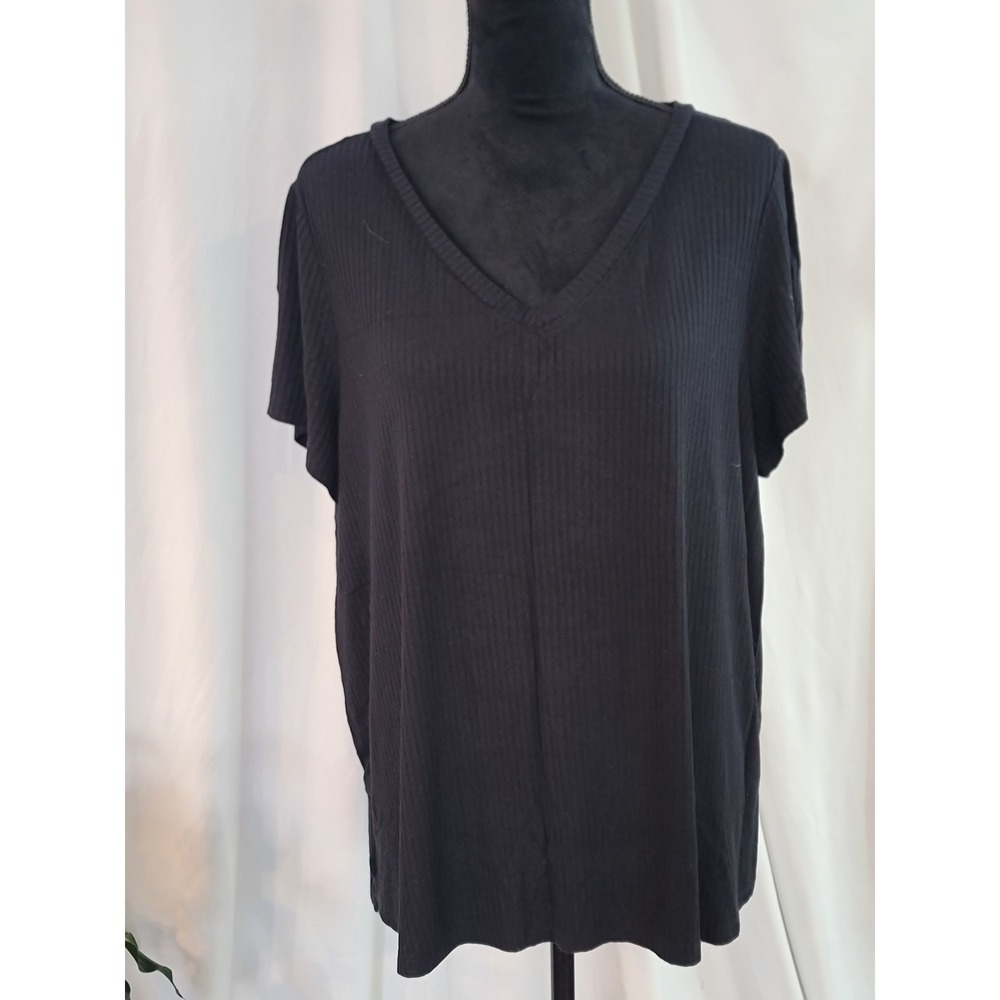 Rachel Zoe Black Ribbed V-Neck‎ Short Sleeve Top Plus Size 2X